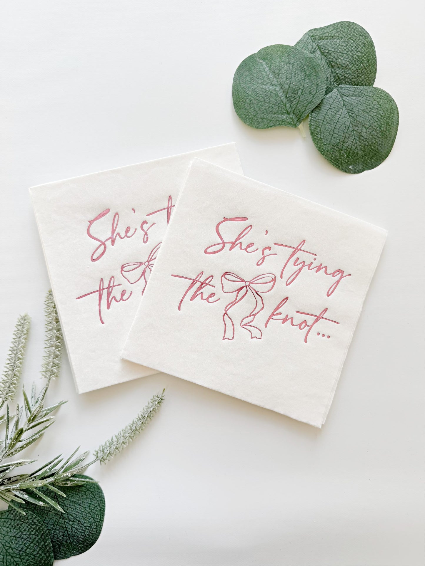 She's Tying the Knot Cocktail Napkins - Pink on White | Bridal Shower and Bachelorette Decor | Set of 16 Beverage Sized Party Napkins