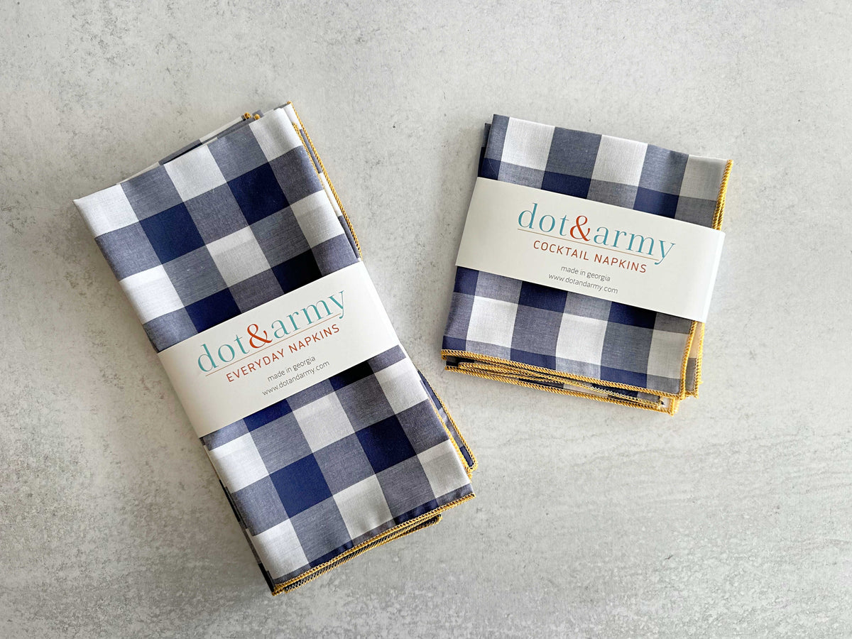 Gingham Check Cloth Napkins 18 Inch Honey Mustard Trim - Cottagecore Farmhouse Reusable Napkins Set of 4 | EnFete Party