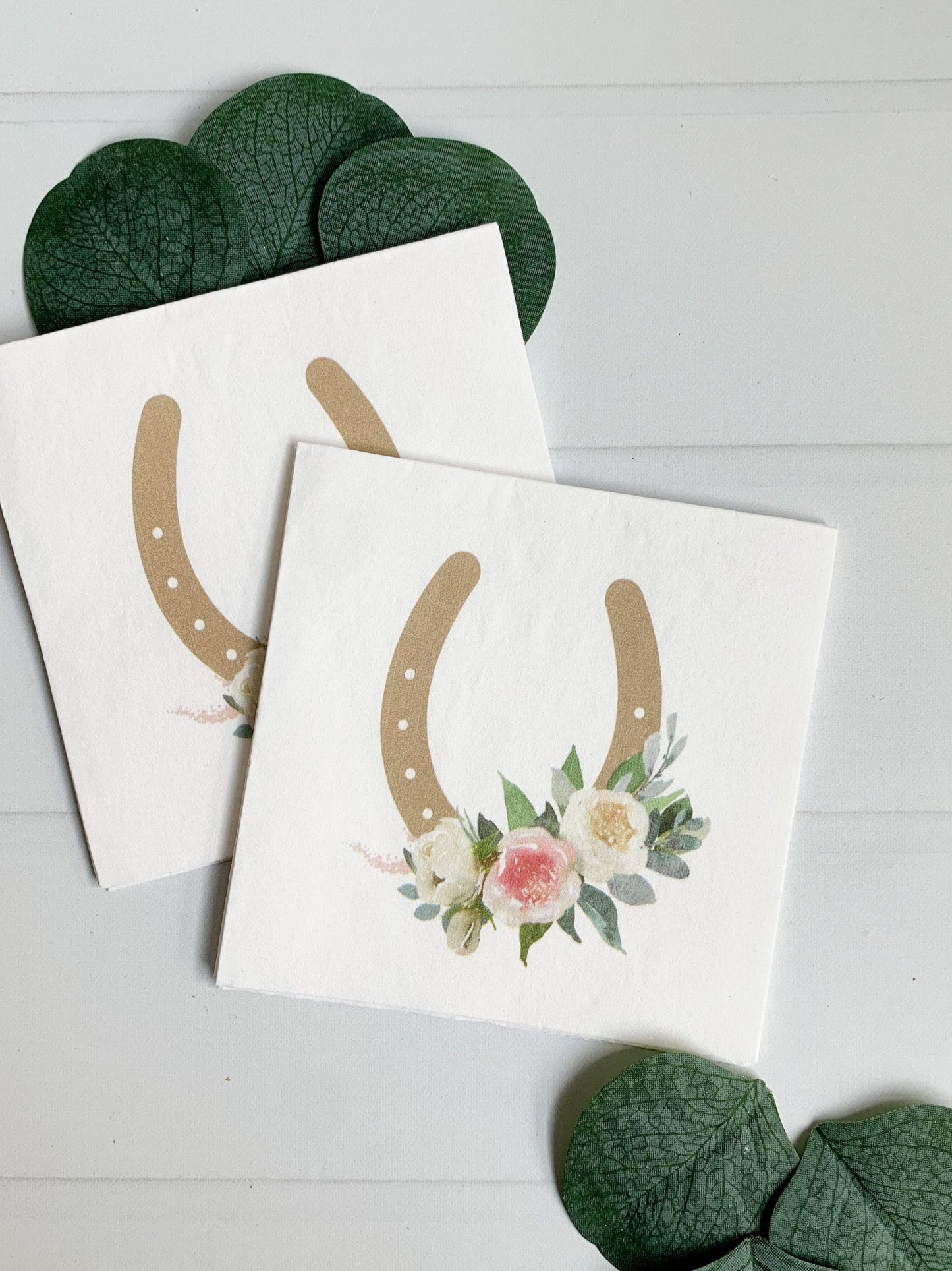 Western and Derby Cocktail Napkins - Gold Horseshoe with Ivory Blush Florals for Pony Party, Western Bridal Shower | EnFete Party