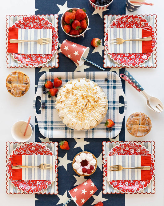 Blue Stripe Scalloped Dinner Napkins with Red Fringe – Americana Party Napkins | EnFete Party