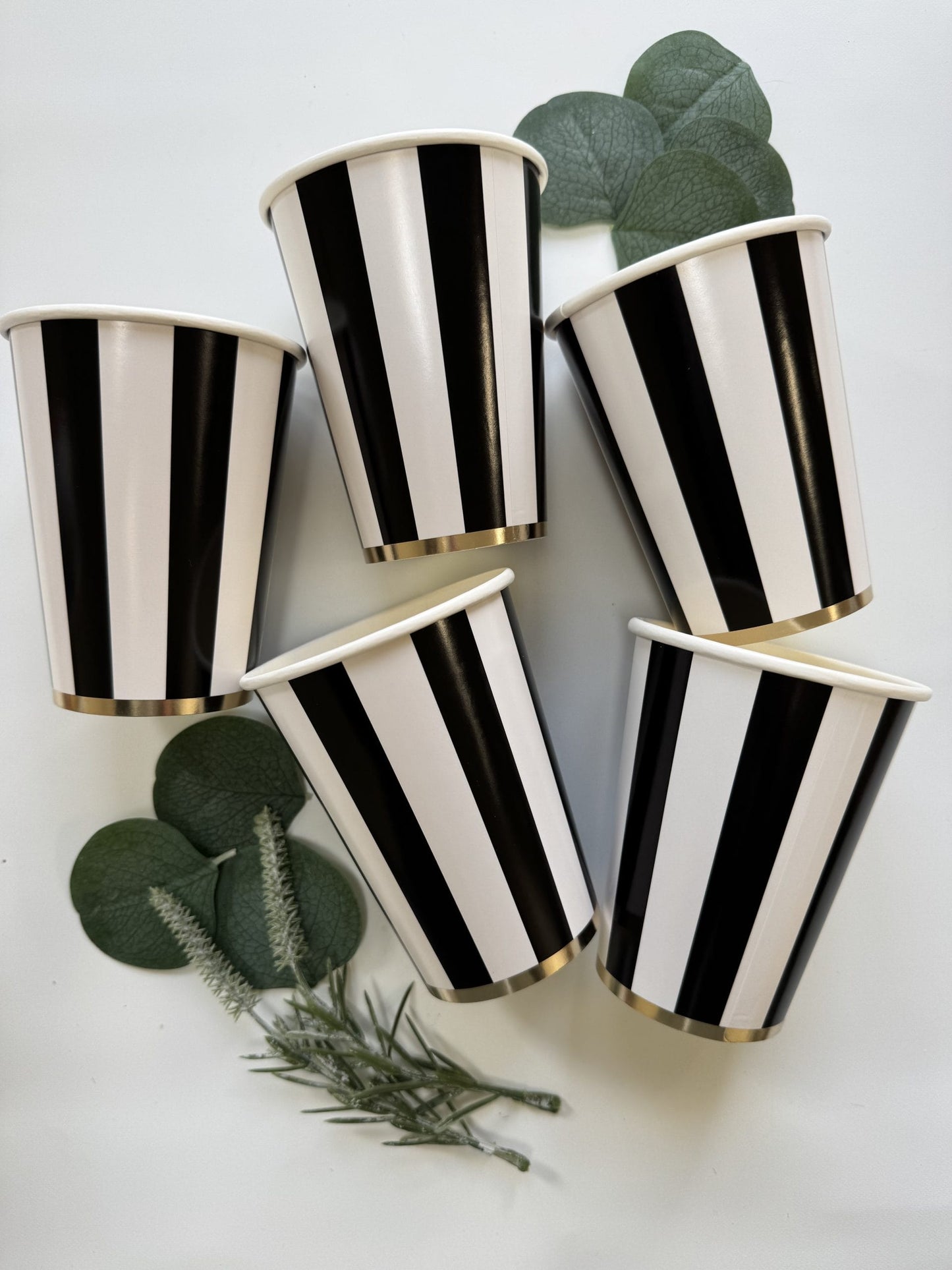 Black Cabana Stripe Party Cups - Elegant 12oz Paper Cups for Parties & Events (Set of 8) | EnFete Party