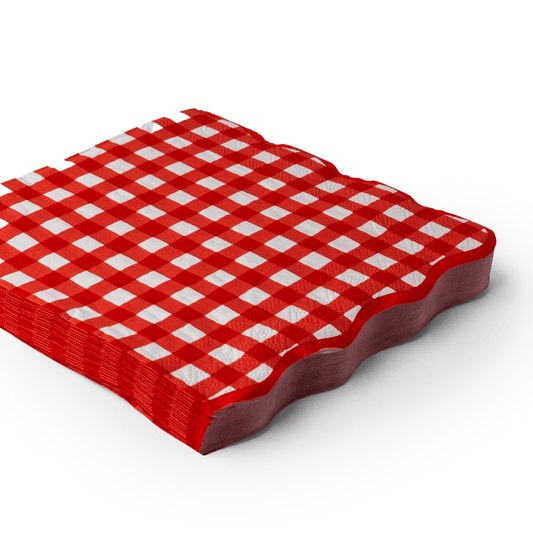 Stack of red and white checkered paper luncheon on a white background