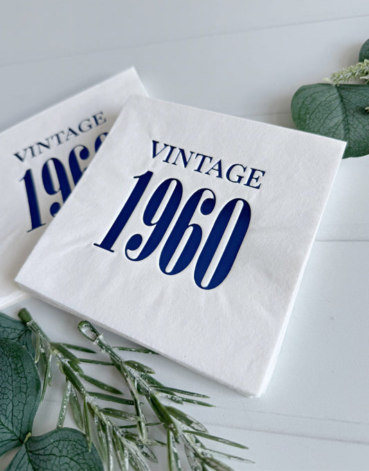 Vintage 1960 Cocktail Napkins - Navy Blue Birthday Party Decorations | EnFete Party