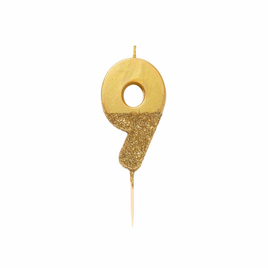 Gold Glitter Number 9 Birthday Candle - 9th Birthday Cake Topper | EnFete Party