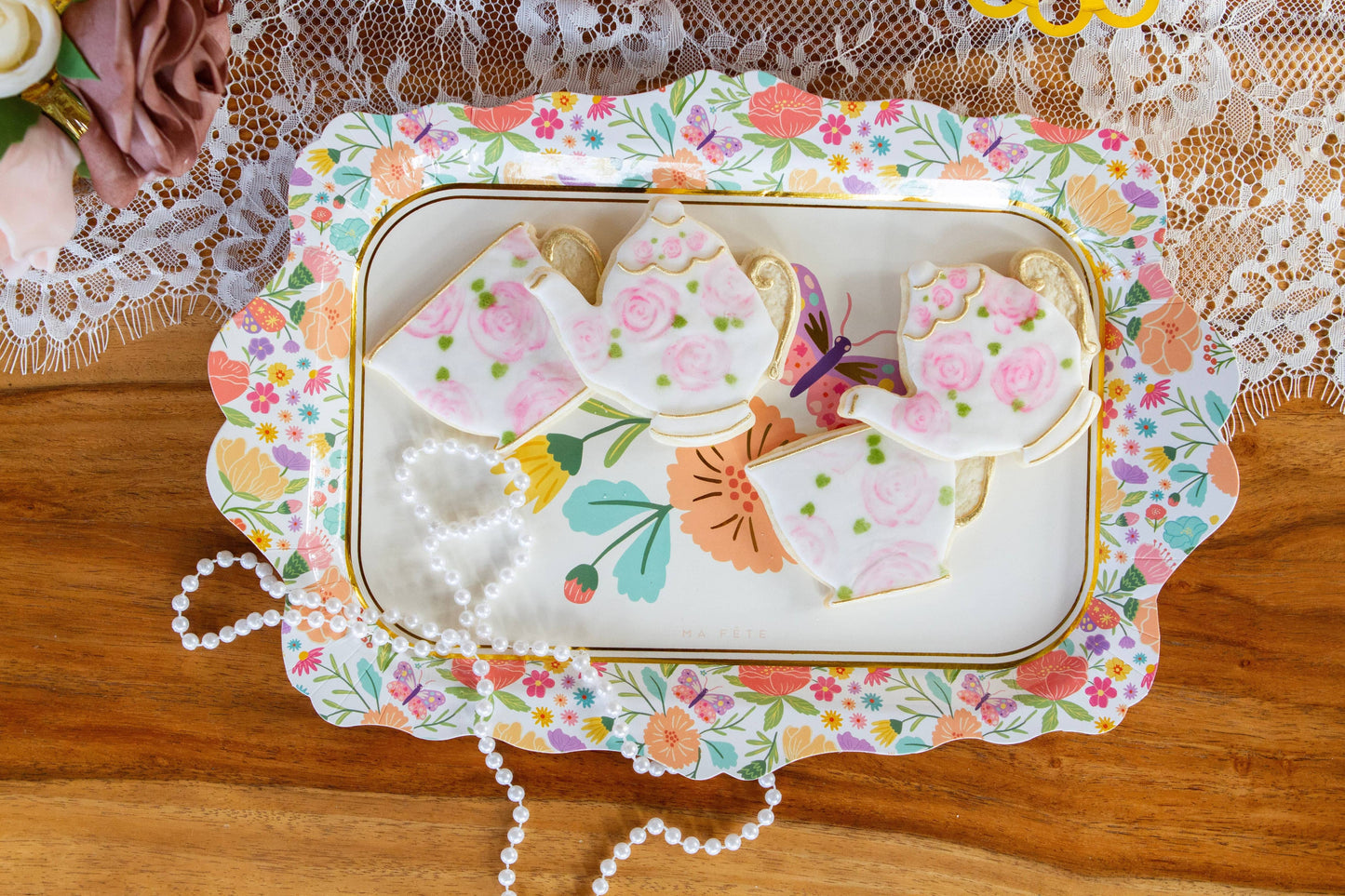 Floral Butterfly Paper Serving Trays 4 Pack - Tea Party Bridal Shower Decorations | EnFete Party