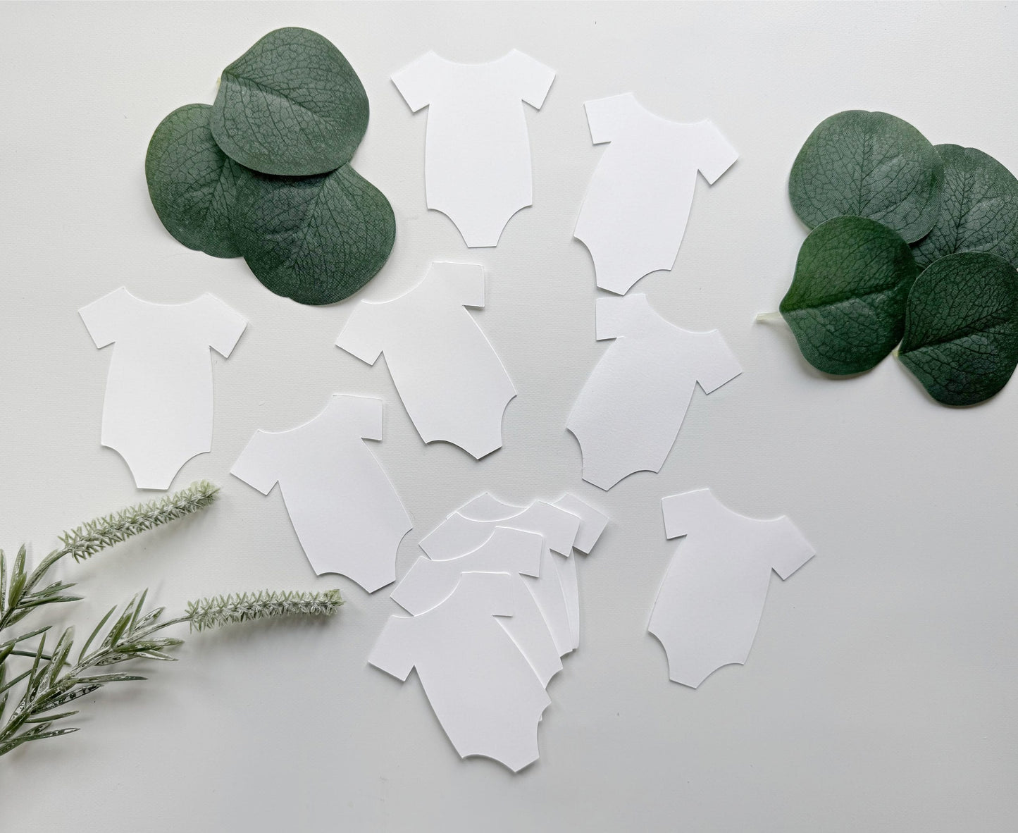 White Onesie Cutouts - Baby Shower Guest Book Tags & Sip and See Decorations (Set of 12) | EnFete Party