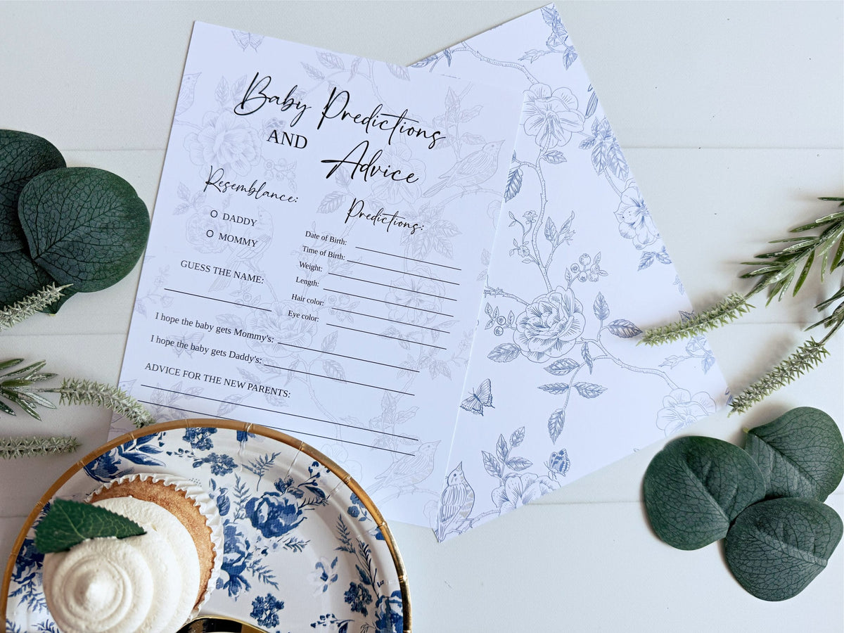 French Blue Toile Floral Baby Shower Predictions & Advice Cards | EnFete Party