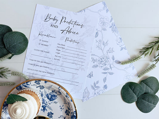 French Blue Toile Floral Baby Shower Predictions & Advice Cards | EnFete Party