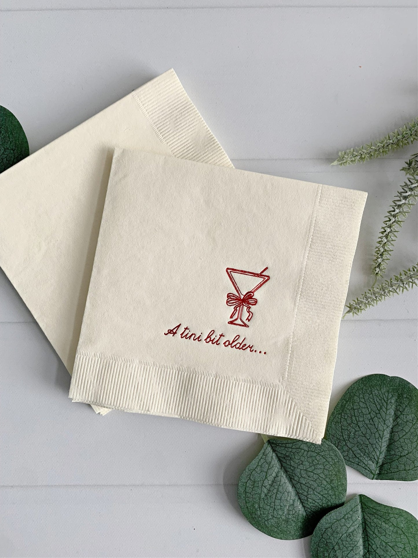 A Tini Bit Older Birthday Martini Napkins - Sophisticated Martini Party Napkins - Red and Ivory Colo | EnFete Party