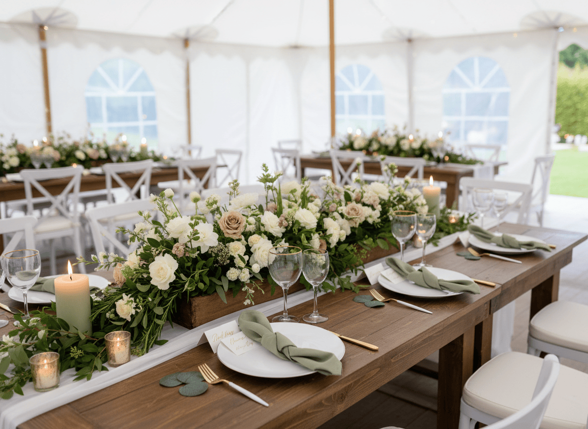 Eucalyptus napkin at white tent wedding