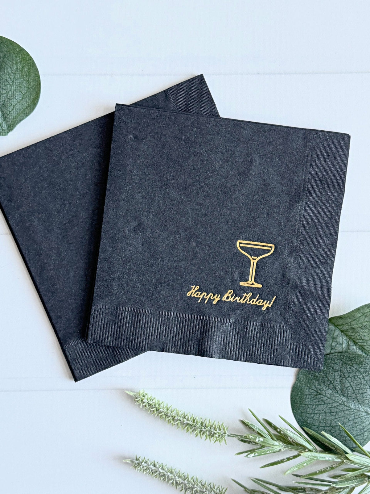 Black Happy Birthday Coupe Glass Cocktail Napkins | EnFete Party