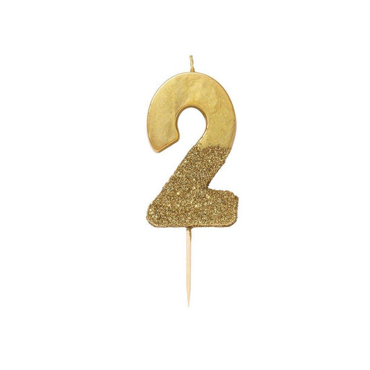 Gold Glitter Number 2 Candle - Second Birthday Cake Topper | EnFete Party