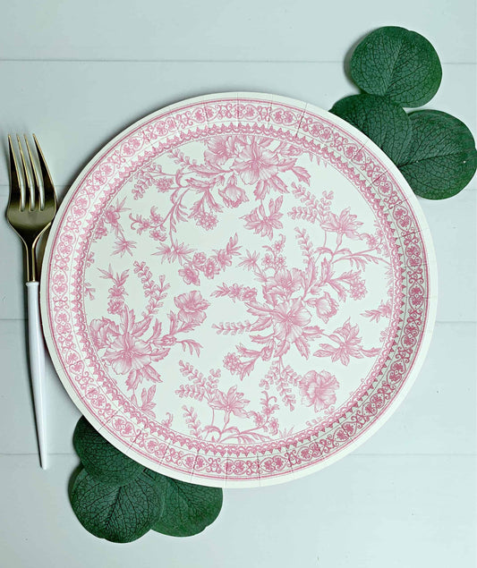 Pink Toile Large Paper Plates- Dinner