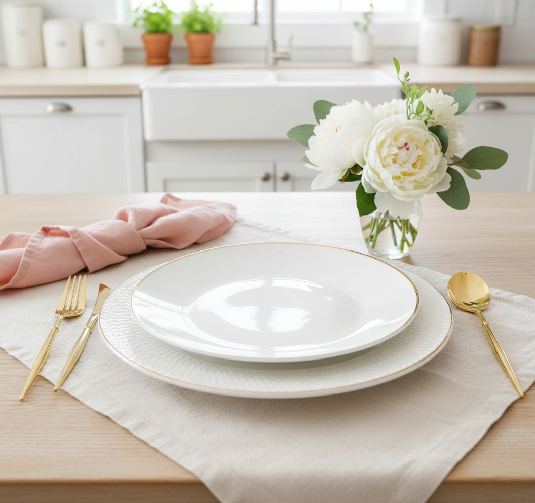 French country kitchen with chargers