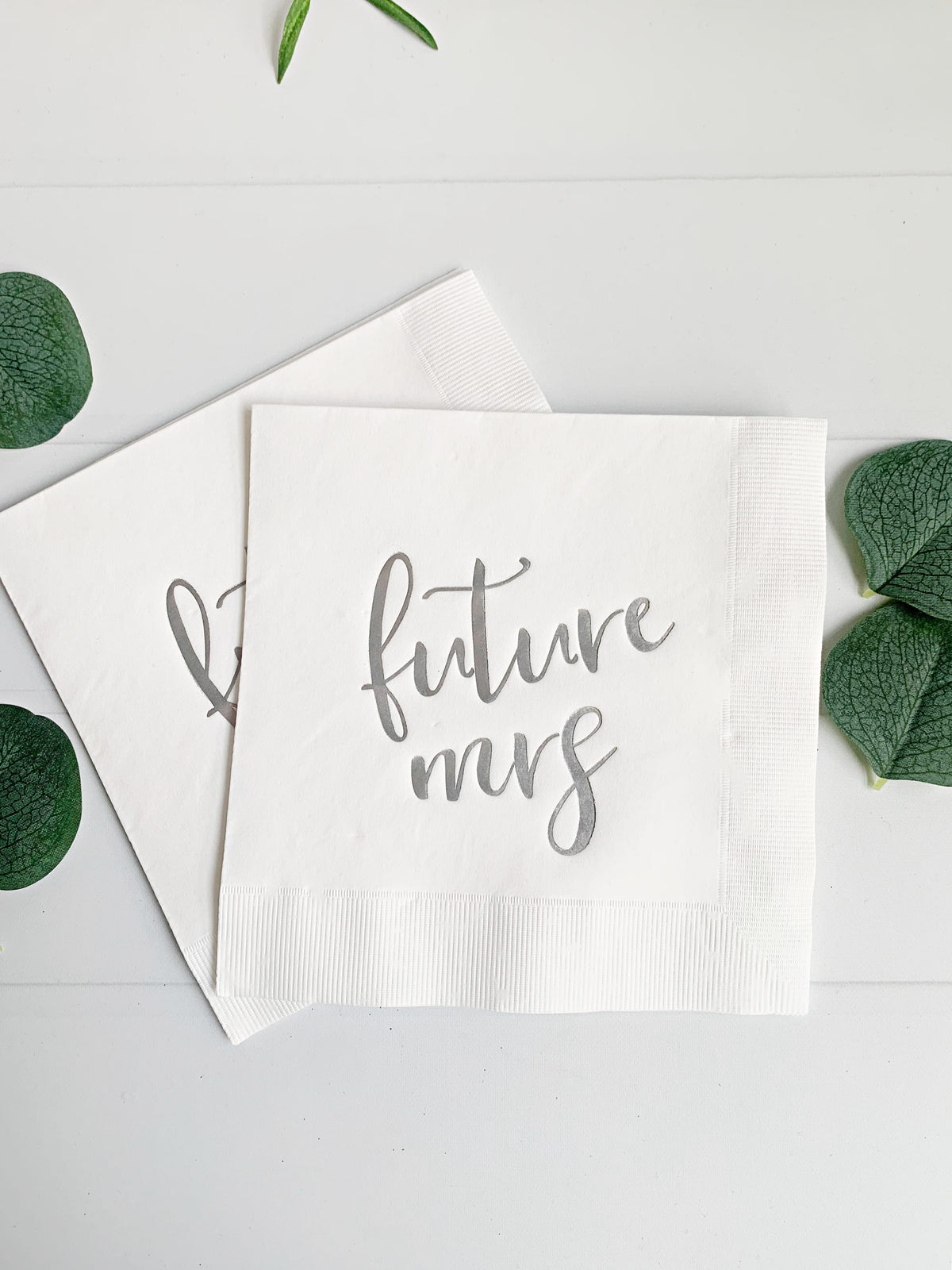 Future Mrs Napkins Silver Foil White - Bridal Shower Bachelorette Party Luncheon Napkins Set of 16 | EnFete Party