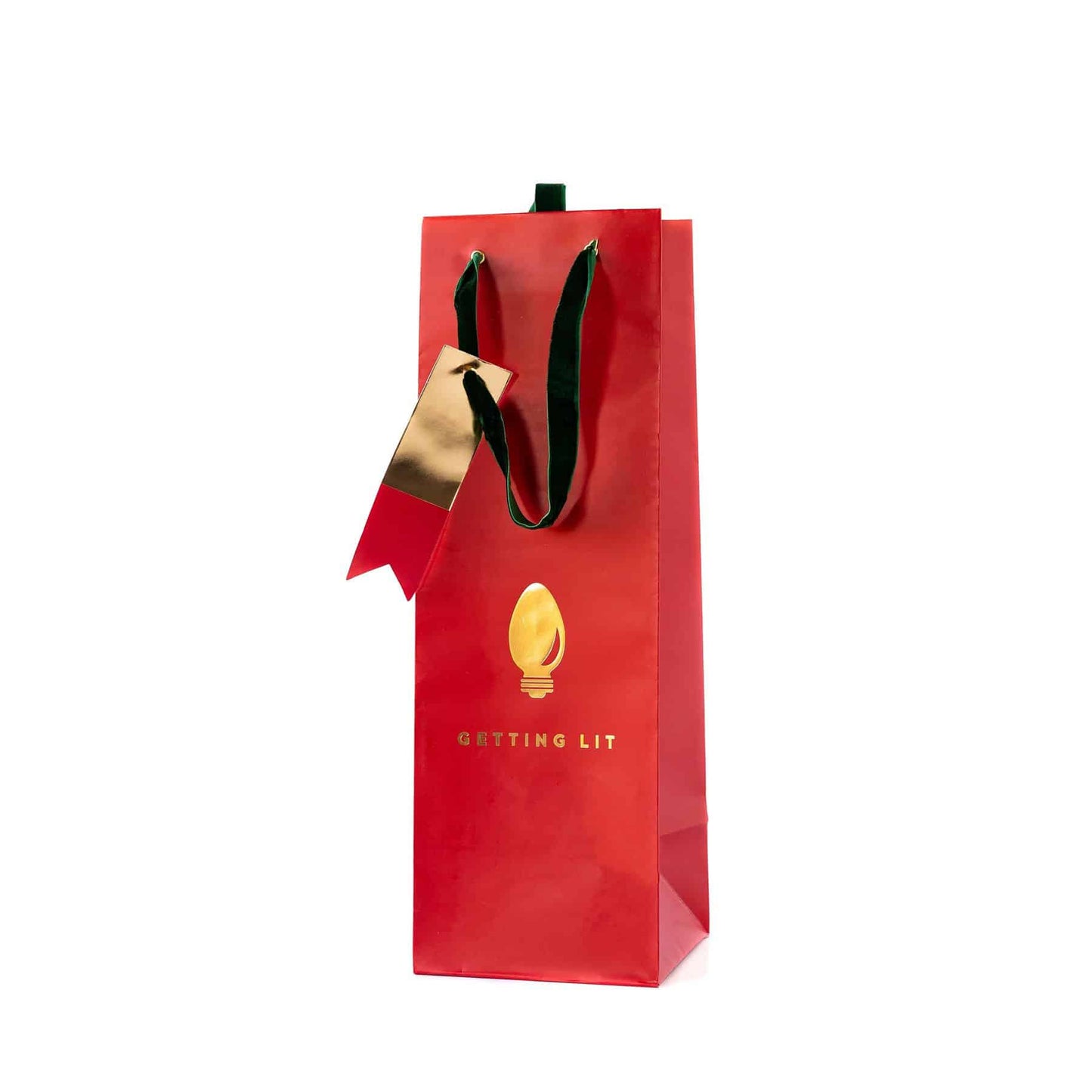 Getting Lit Red Wine bottle bag with a gold foil christmas bulb printed on the front