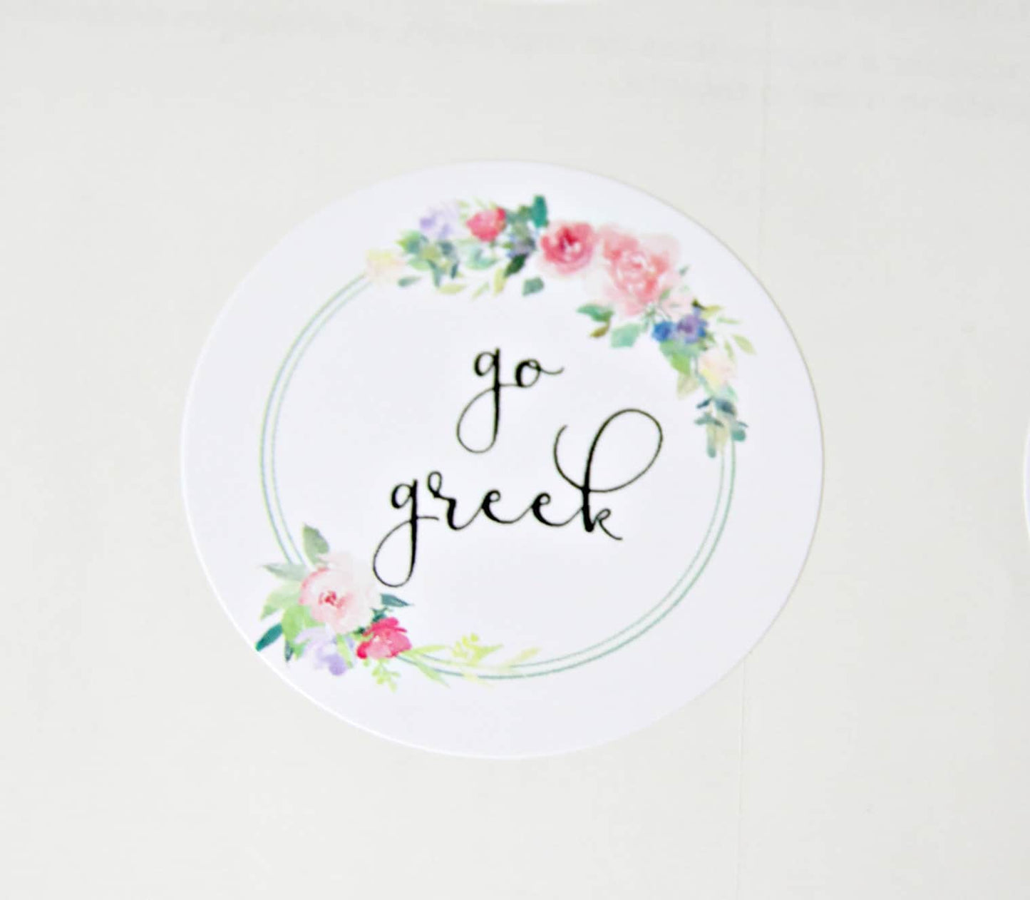 Go Greek stickers - round with a floral wreath border