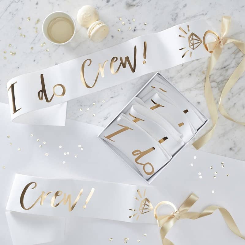 I Do Crew Bridal Party sashes in gold and white