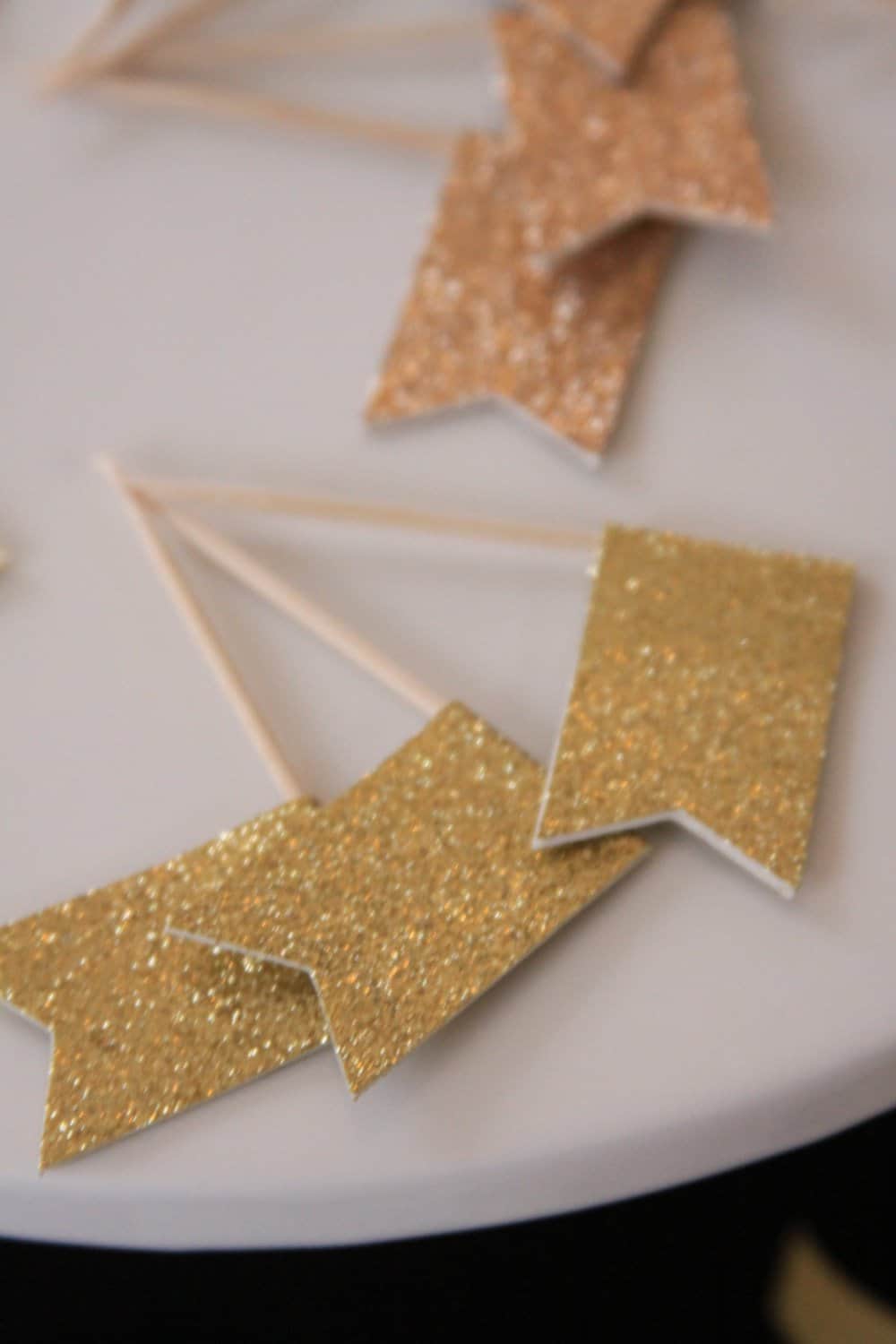 Gold Glitter Flag Toppers - Set of 12 Cupcake Appetizer Picks
