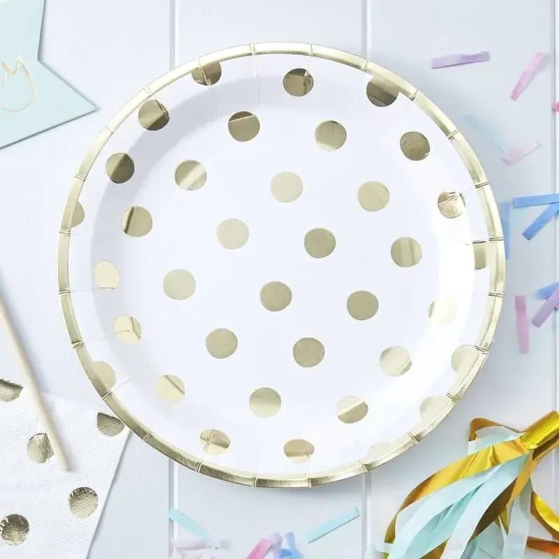 Gold Polka Dot Paper Plates - White with Gold Foil Plates | EnFete Party