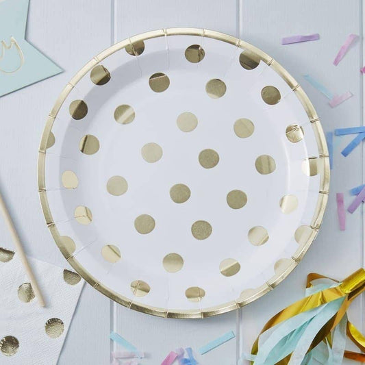 Gold Polka Dot Paper Plates - White with Gold Foil Plates | EnFete Party