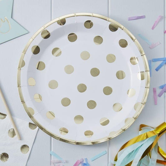 Gold Polka Dot Paper Plates - White with Gold Foil Plates