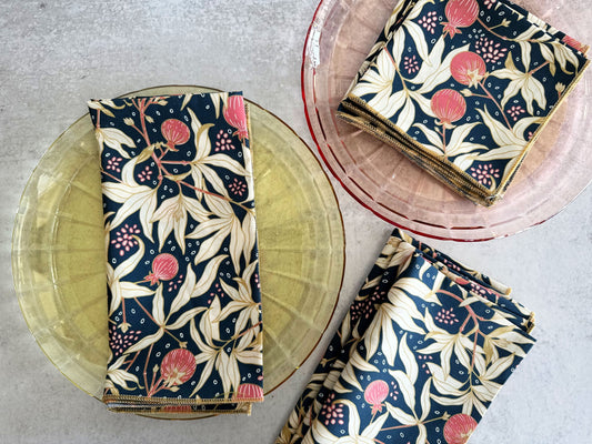 Gooseberry Cloth Napkins Set of 4 - Navy Blue Pink Floral Reusable Napkins 100% Cotton