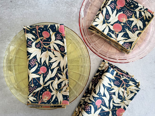 Gooseberry Cloth Napkins Set of 4 - Navy Blue Pink Floral Reusable Napkins 100% Cotton | EnFete Party