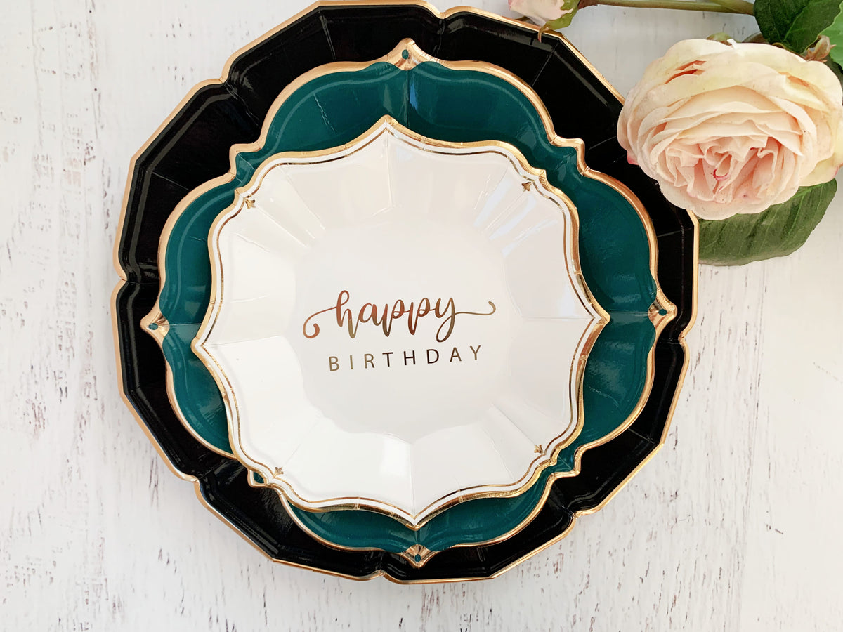 Black Scalloped Dinner Plates 10 Inch Gold Foil - Birthday Party Eve Set of 8 | EnFete Party