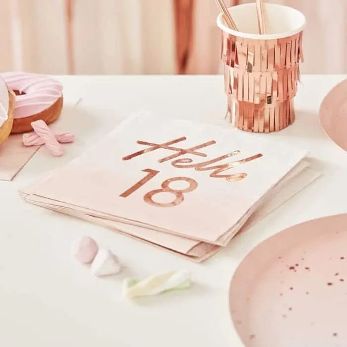 These pink and rose gold Hello 18 napkins will shimmer beneath your tasty treats. Combine with the matching plates and cups for the perfect birthday
