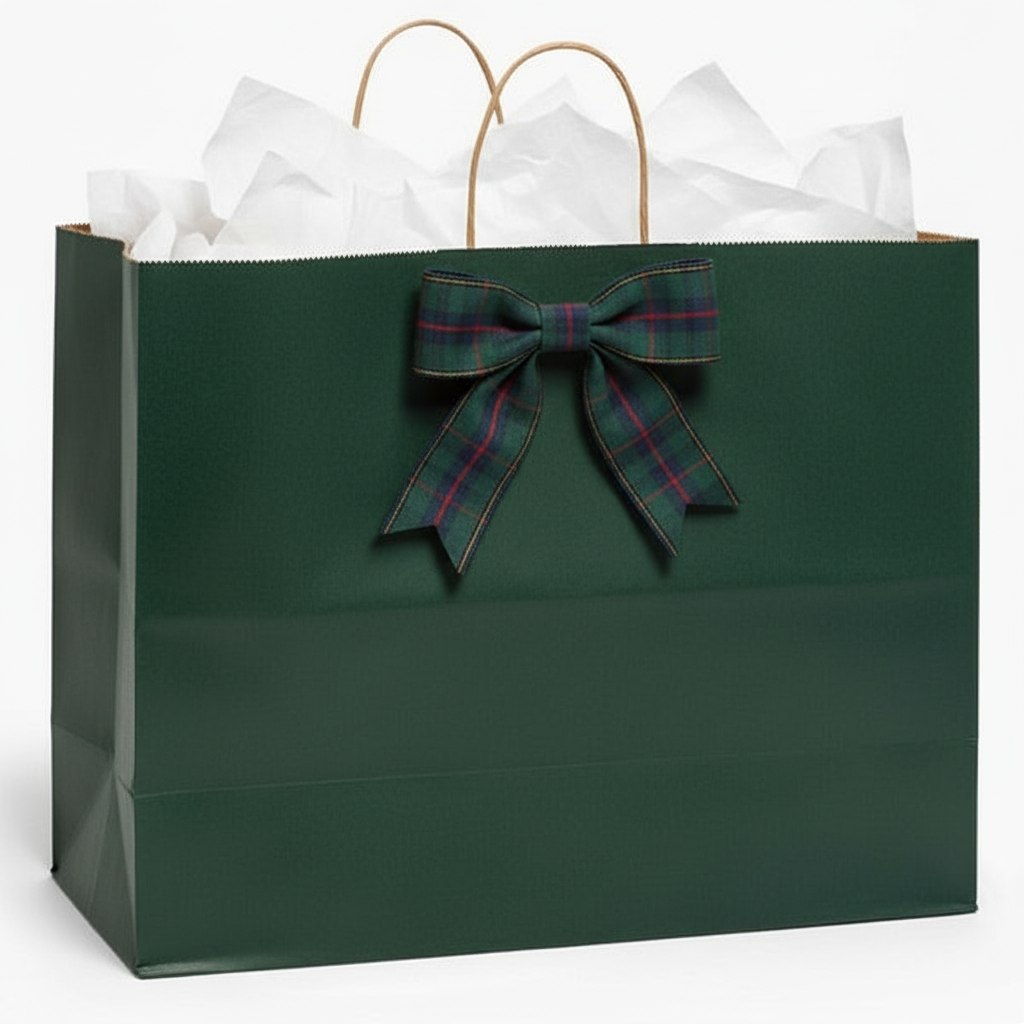 Hunter green bag with tartan bow