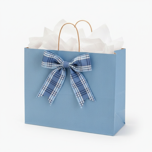 Ice blue bag with tartan bow