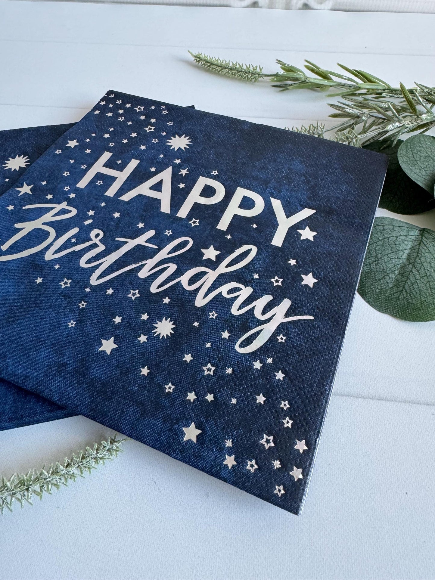 Celestial Birthday Napkins Navy Blue Silver Stars - Twinkle Twinkle Little Star Birthday Party Napkins Set of 16 | EnFete Party
