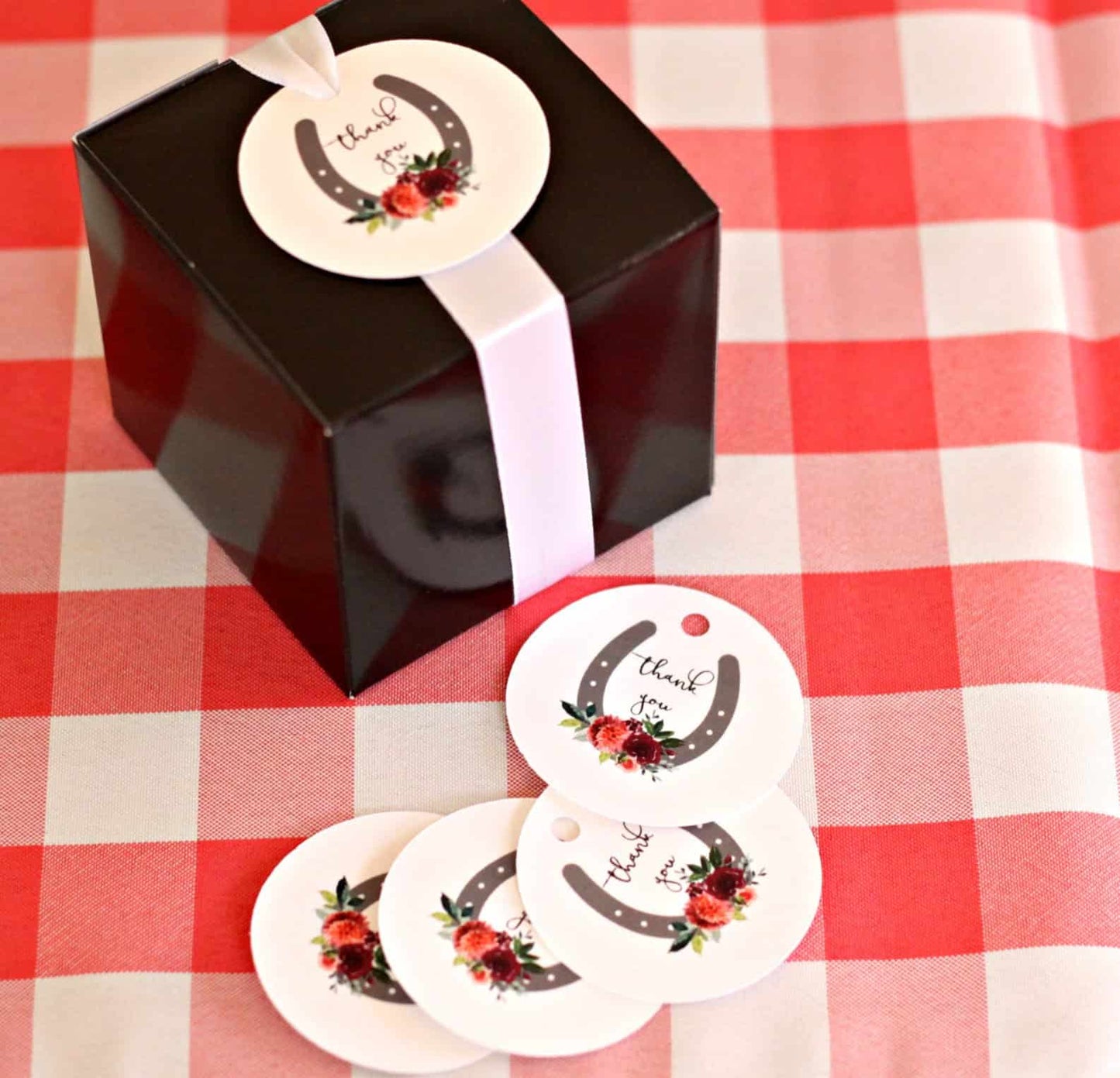 Kentucky Derby Party Favor Tags - Thank You Horseshoe & Flowers | Set of 10