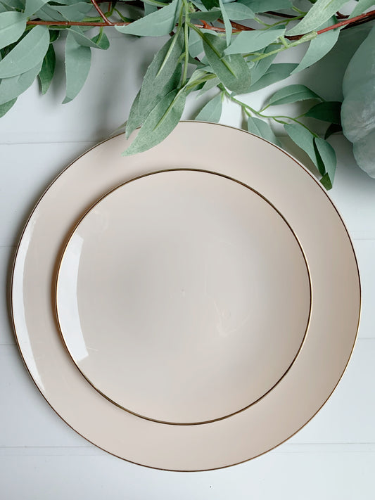Linen Beige Plastic Plates with Gold Rim 7.5" - Premium Appetizer Dessert Plates 10 Pack