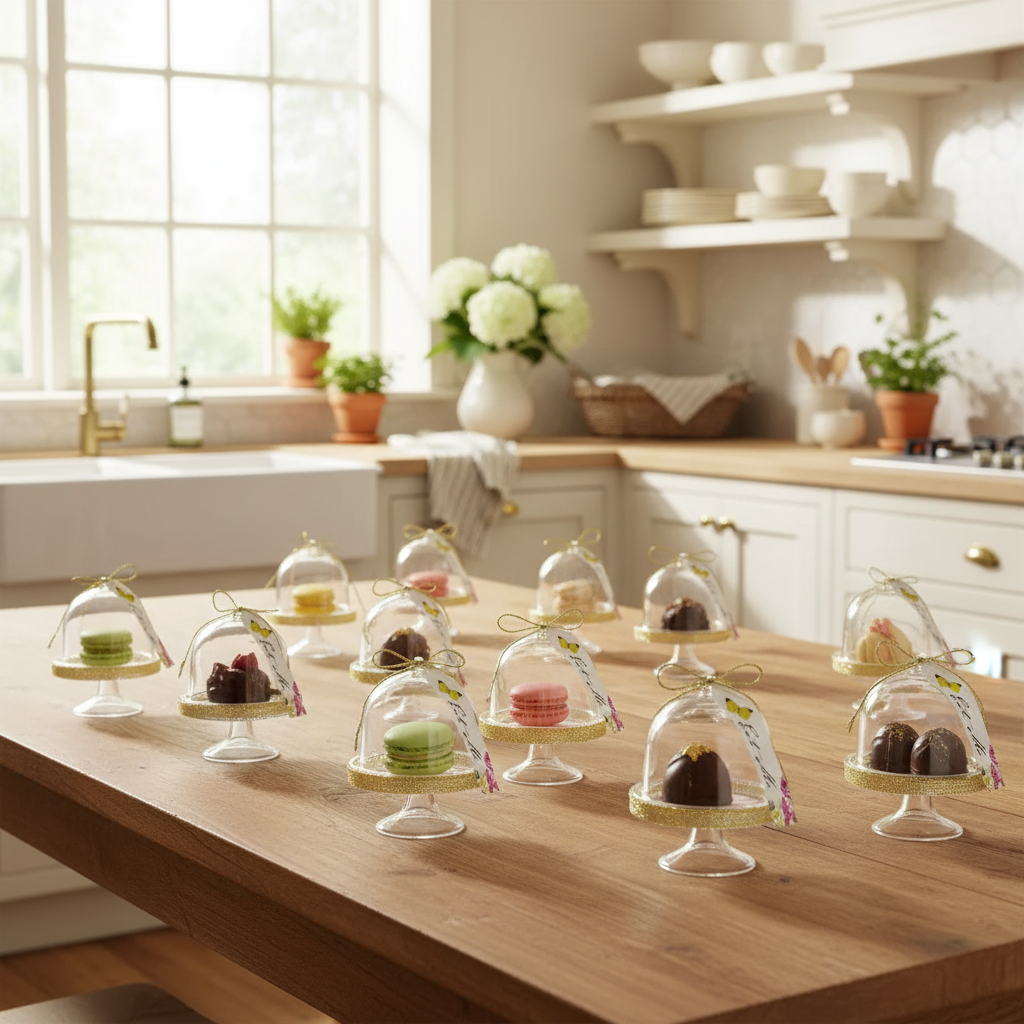 Mini stands with macarons at party