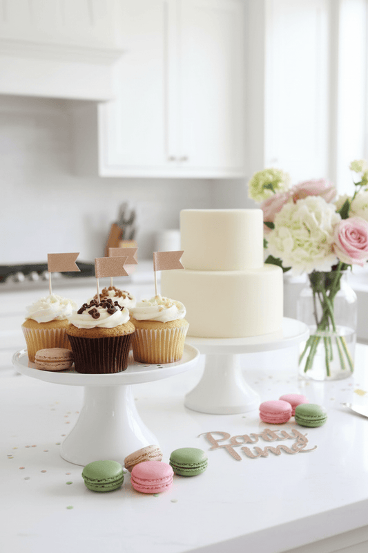 Multiple rose gold toppers on cupcakes