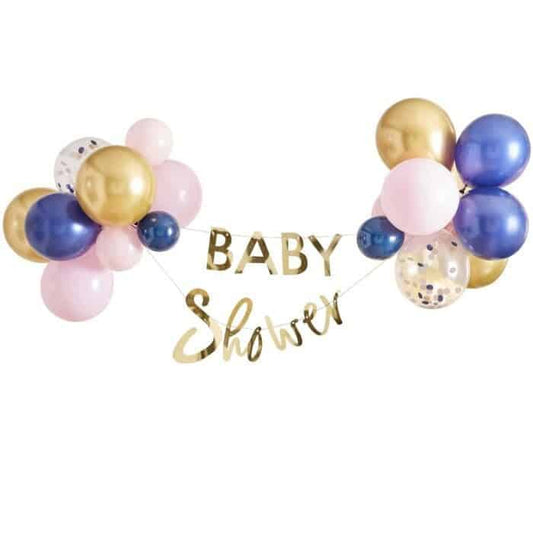 Navy and blush baby shower decorations - balloon garland with gold baby shower bunting included