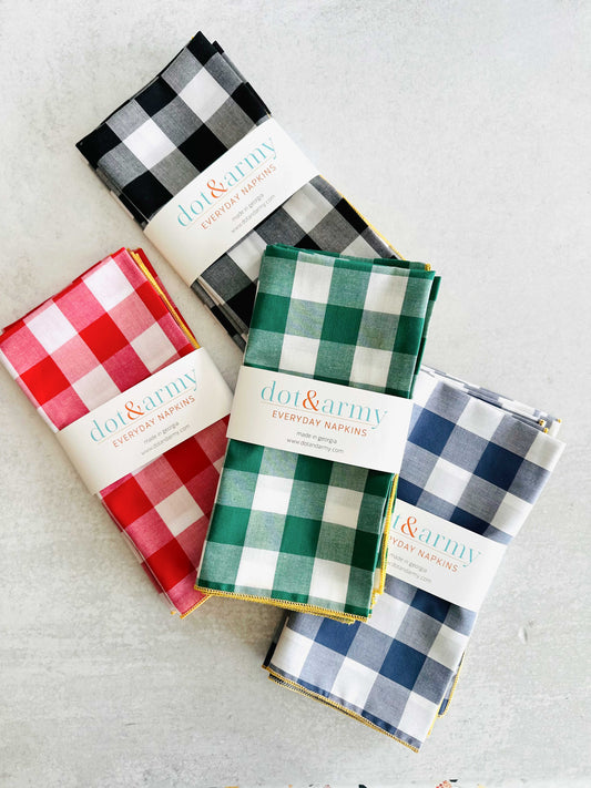 Gingham Check Cloth Napkins 18 Inch Honey Mustard Trim - Cottagecore Farmhouse Reusable Napkins Set of 4