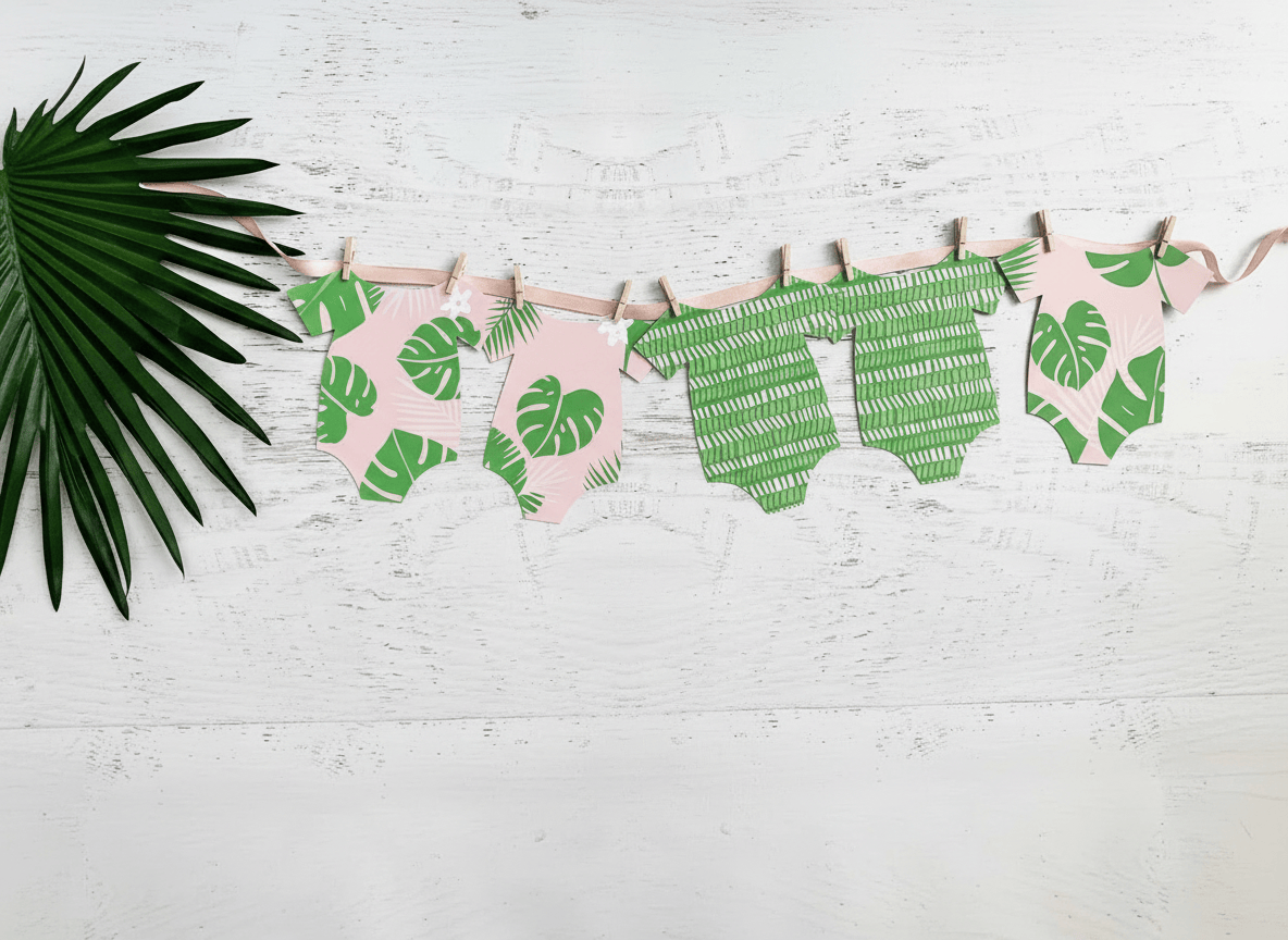 Overhead flat lay of tropical baby shower pink and green onesie banner