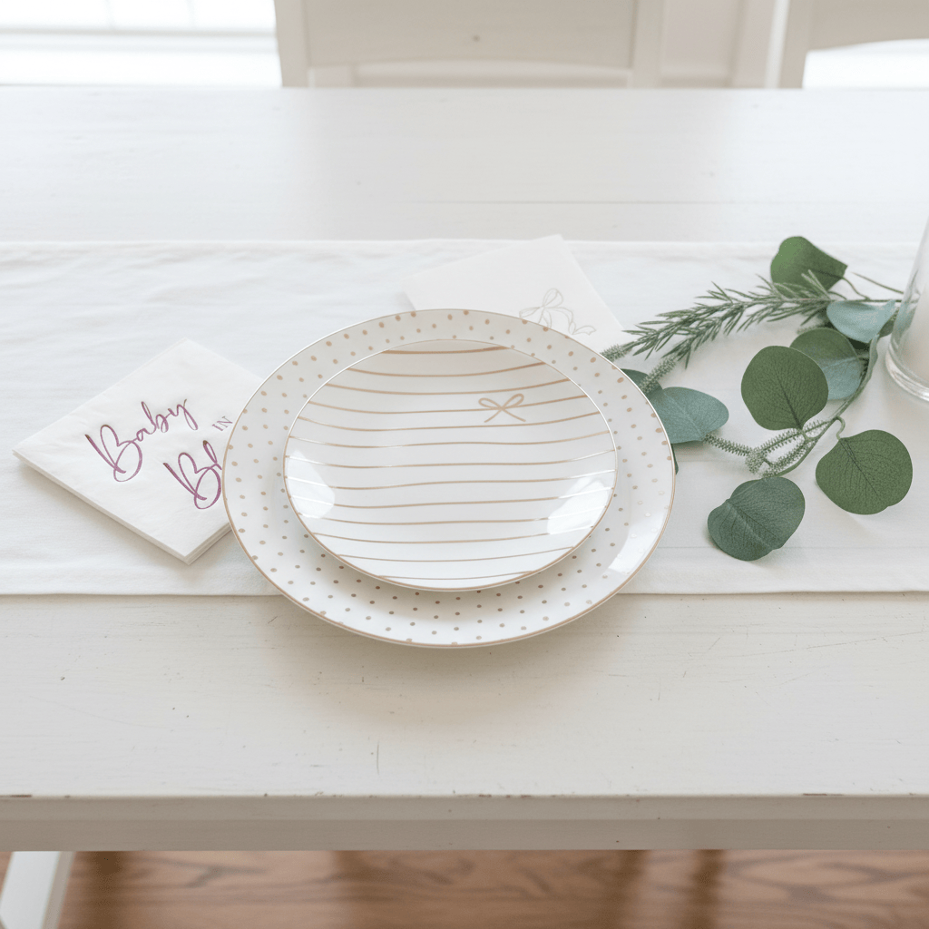Overhead place setting with bow plates and pink napkins
