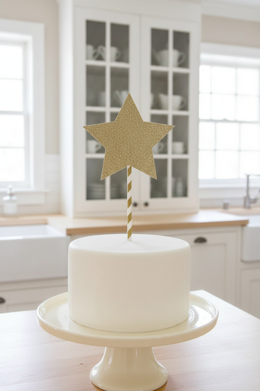 Oversized gold star topper on white cake