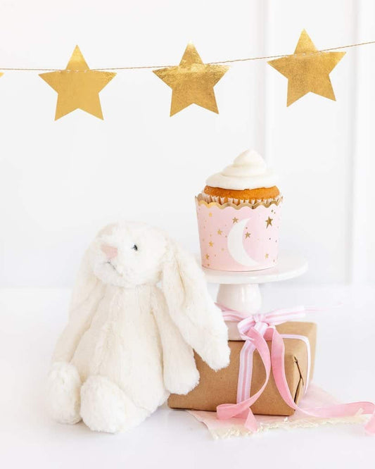 Pink and Gold Baking cups with gold stars for a Moon and Stars baby girl shower