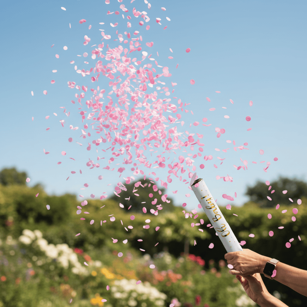 Pink gender reveal confetti launcher cannon outdoor garden