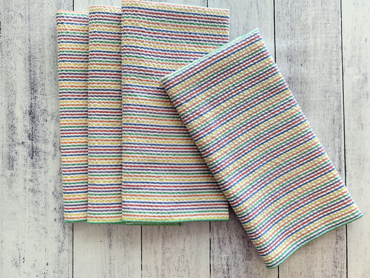 Rainbow Seersucker Cloth Napkins Set of 4 - Colorful Striped Reusable Napkins No Ironing | EnFete Party