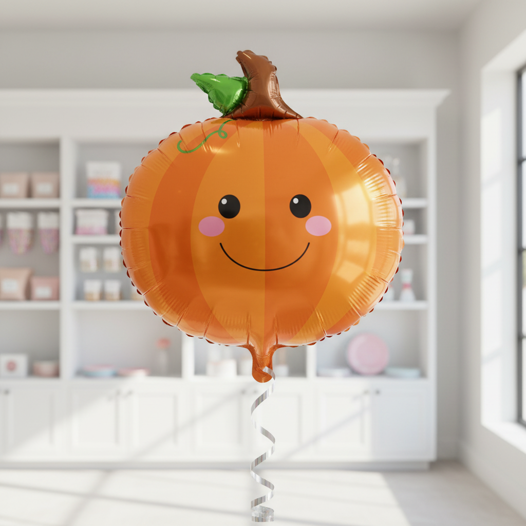 Realistic Shiny Mylar Pumpkin Balloon in Bright Shop
