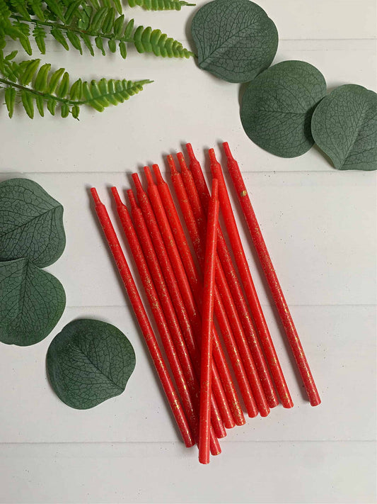 Red Tall Skinny Birthday Candles - with subtle gold glitter. The perfect elegant birthday candles.