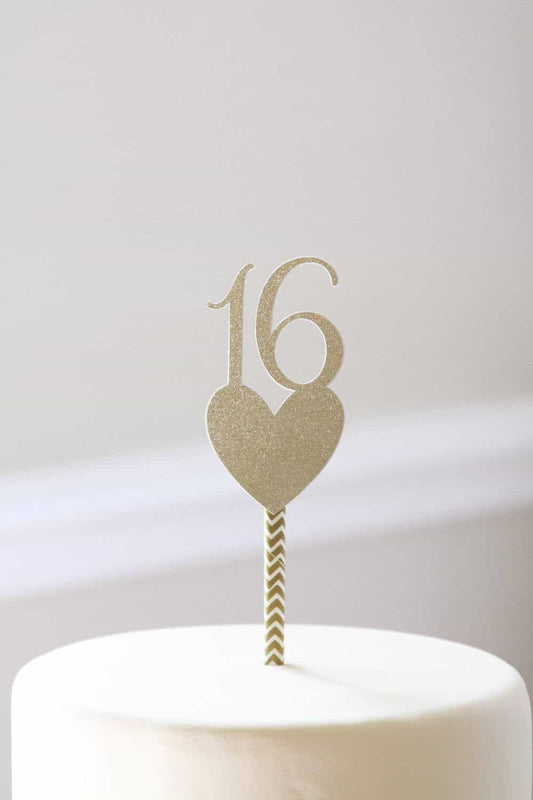 Sweet 16 Cake Topper - Gold Glitter & Rose Gold Glitter Heart Number 16