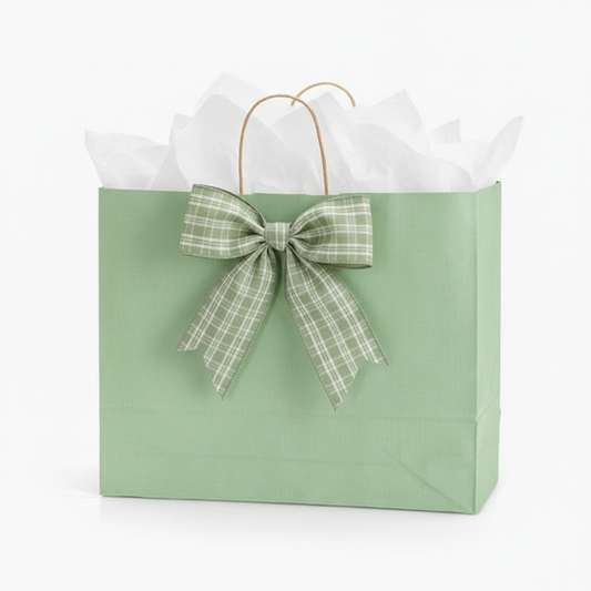 Sage green bag with tartan bow