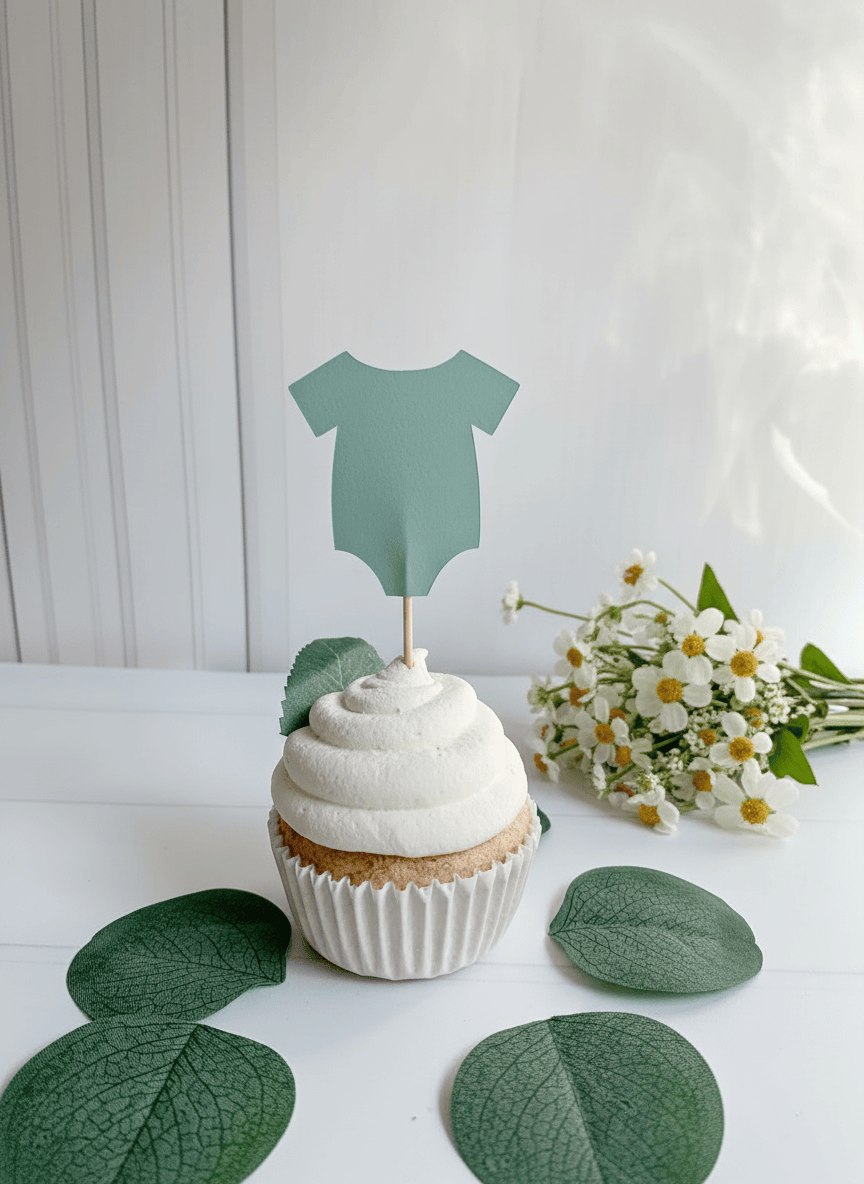 Sage Onesie Topper Cupcake Close-up